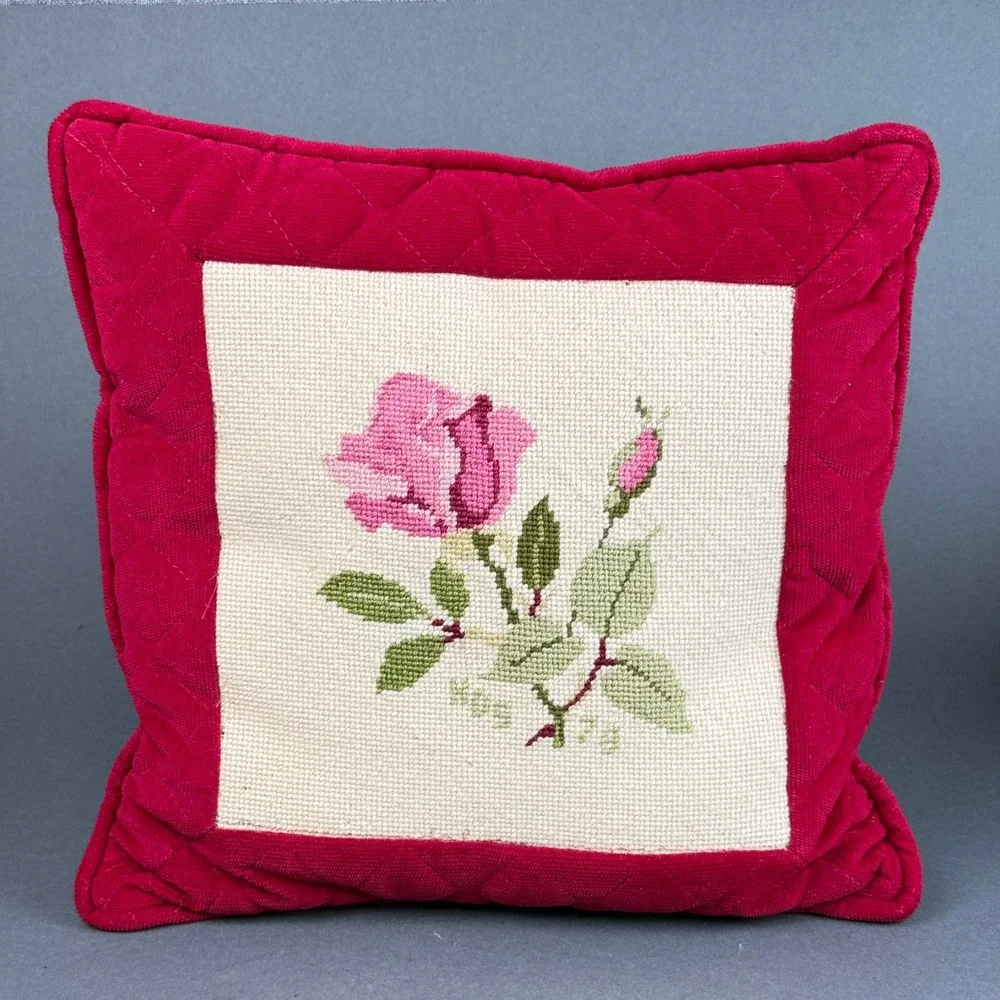 Vintage 1978 Needlepoint Rose Throw Pillow Red Quilted Velvet 12x12